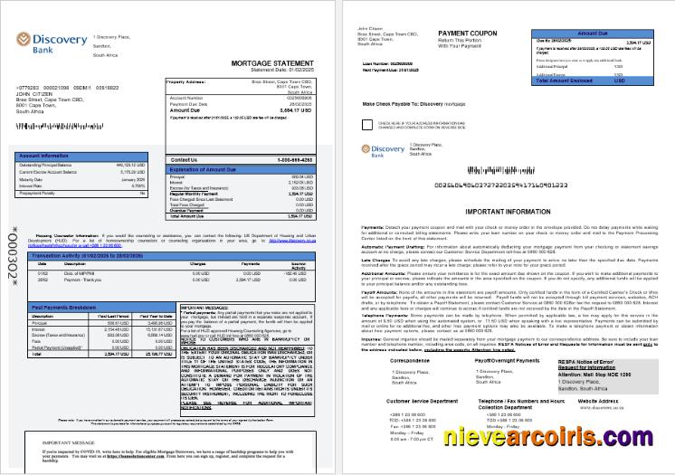 South Africa Discovery bank mortgage statement 1-2